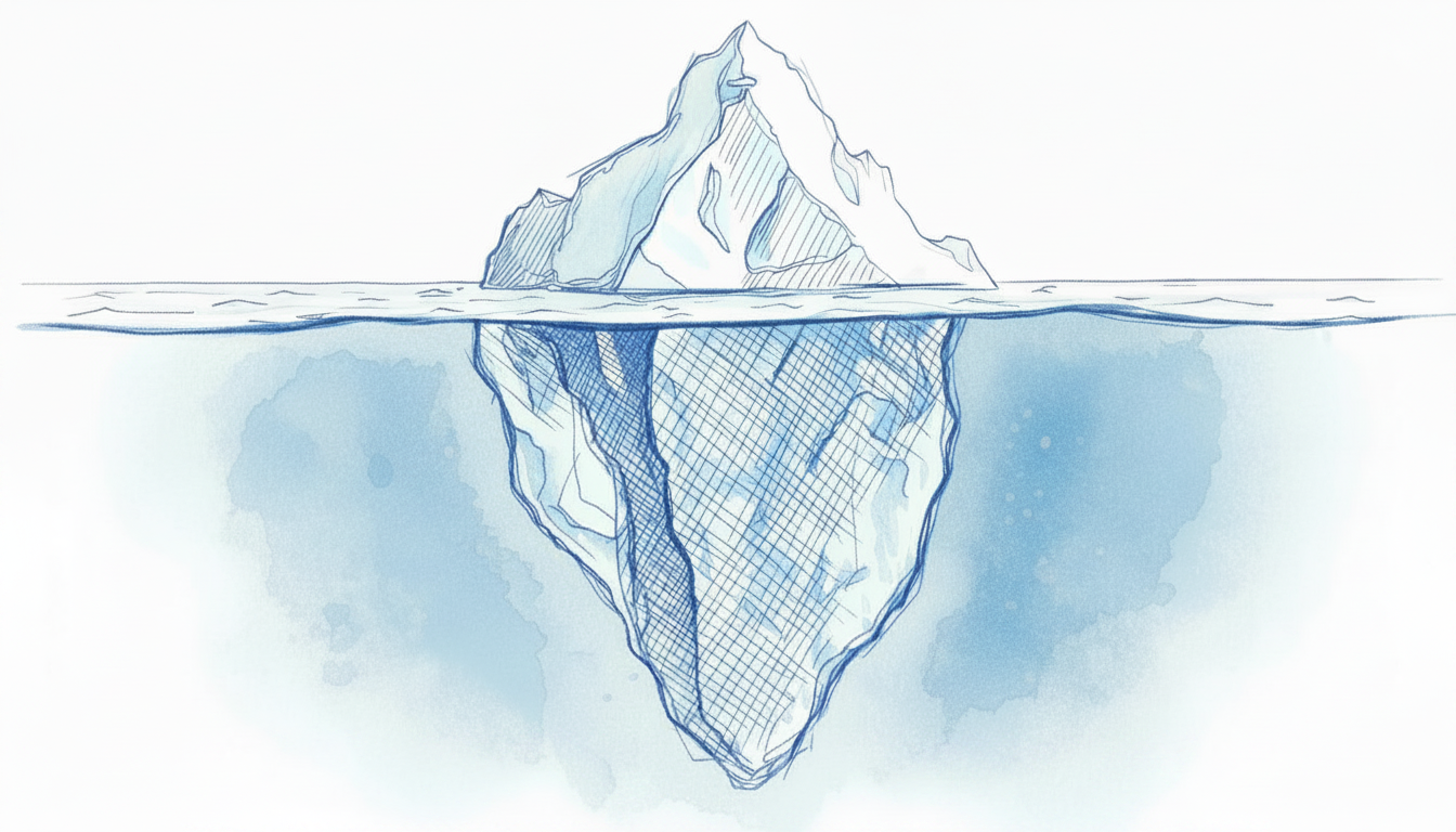 Iceberg image that shows what is seen at the top vs what is not seen below the surface similar to scar symptoms.